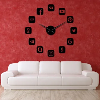 Знак на софтуер за социални мрежи 3D DIY Големи стенни часовници самозалепващи slr стикер монтаж на стена арт Декор на домашен офис Часовници с безшумна преплетени Часовници