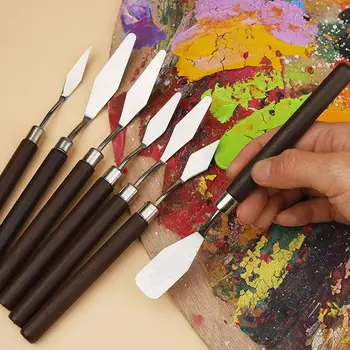 Нож за рисуване с маслени бои, комплект ножове за рисуване палитра от неръждаема стомана, 7 предмети, гребло за рисуване с маслени бои с дървена дръжка, арт аксесоари