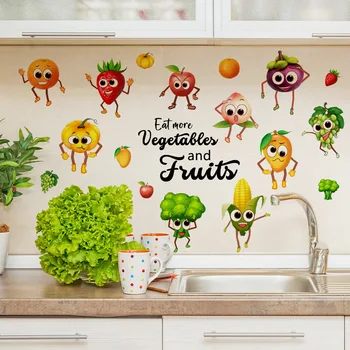 3шт Мультяшное израз, стикери за стена със зеленчуци и плодове, хладилник, фонова стена, кухня, декорация на дома, стенни стикери, рисувани Ms2285