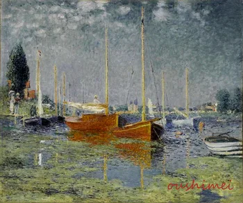 Импрессионисты възпроизвеждат картина с маслени бои с участието на червени лодки Моне, живопис върху платно, известната картина от ръчно изработени пейзаж