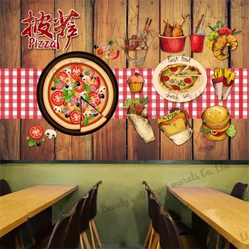 Обичай дървени тапети за пица и хамбургер, индустриален декор, стенопис, ресторант, снек-бар, фонова стена, Papel De Parede papel tapiz