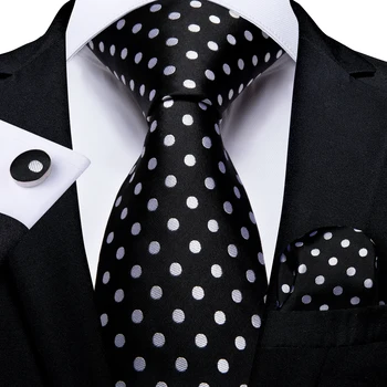 Бели на точки черни копринени вратовръзки за мъжете, бизнес сватба, 8 см, мъжки квадратни копчета за ръкавели за врата, мъжки аксесоари в подарък