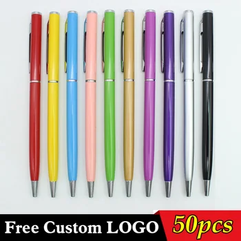 50 броя, студентски метална химикалка писалка, безплатен потребителски лого, офис училищна рекламна писалка, текстова гравиране, търговия на едро подарък дръжка