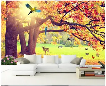 Потребителски снимки на 3d тапети нетканая рисувани стенни стикер на стената Слънце дърво птица, рисуване на картина на 3d баня стенни фрески тапети