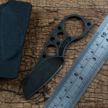 Twosun Мини EDC Фиксиран Нож Coutel TS148 D2 Черно Острие с Обработен Камък с Покритие от Ножнами Kydex Джобен Нож за Къмпинг, Лов и на Открито