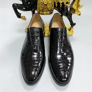 Екзотични мъжки вечерни обувки-oxfords Goodyear Занаятите от естествена крокодилска кожа с кръгло бомбе, мъжки сватбени обувки от естествена кожа на алигатор