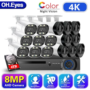 О.eyes 4K AHD DVR 16CH Система охранителна Камера 8-МЕГАПИКСЕЛОВА HD Камера Водоустойчива Пълноцветен Нощен камера за видеонаблюдение Комплект с Камери за Видеонаблюдение