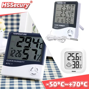 LCD електронен измерител на температура и влажност на въздуха, вътрешен и външен термометър, влагомер с будилник, монитор влажност на въздуха времето в къщата