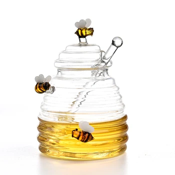 500 мл творчески стъклен гърне за мед с три малки пчелками със стъклен ковшиком за мед Стъклена бутилка за мед, за кухнята, дома