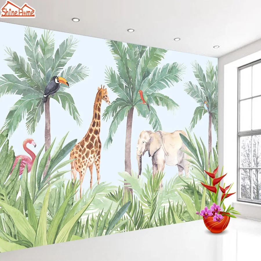 Сладки животни, жираф, джунгла, скандинавските тапети за стените в хола, на ролки, самозалепващи се, декорация за дома, зелен стикер