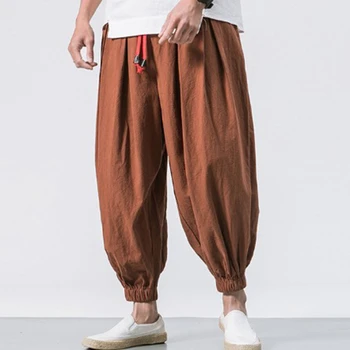 Мъжки памучни ленени панталони, обикновена свободни дълги панталони с еластичен ластик на талията, мъжки дишащи ежедневни панталони в стил хип-хоп, Pantalones