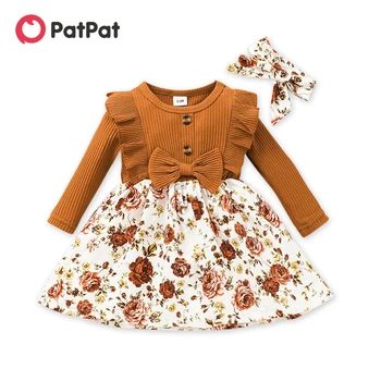 PatPat комплект от 2 теми, бебешка рокля в рубчик с дълги ръкави и рюшами, с лък, с флорални принтом, комплект