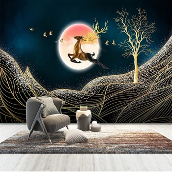 Изработена по поръчка на 3D фотообоя Нощен пейзаж Луната елена златни линия тапети за спалнята Декорация на стените на хола Нетканая хартия