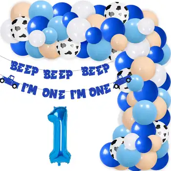 Малък син камион, украса за парти на 1-ви рожден ден, Пиу-Пиу-Пиу, аз съм един брилянтен банер, балони за парти на 1-ви рожден ден, за момчета и момичета