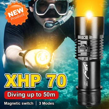 XHP70 ултра ярко фенерче за гмуркане IPX8 Водоустойчив жълта светлина Професионален гмуркане и подводен фенер 3 режима на Супер гмуркане