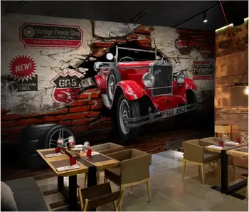 Изработена по поръчка стенопис 3d фотообои ретро класически автомобил, разби в стената, начало декор, 3d стенописи, тапети за стените, триизмерна хол