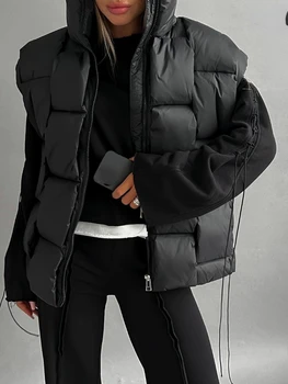 Изолирана якета без ръкави за жени с висока яка, винтажное топло палто, черна жилетка, яке, с кръстосан дизайн, дамски зимни 2023