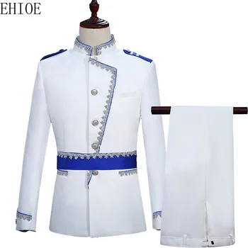 Нов бял, тъмно синьо военен блейзър с моряк, костюм за сценични изяви, костюм с колан, европейски официален костюм на принц от кралския в цветенце