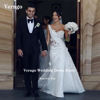 Verngo / Новост 2023 г., сатен сватбени рокли на русалка с гънки на едно рамо, 3D цветя, елегантни булчински рокли в стил кънтри, премяна