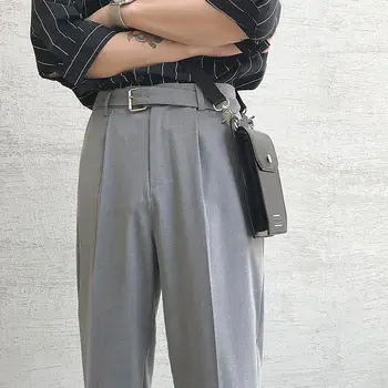 Корейски костюми с колан, мъжки модни обикновена ежедневни панталони, мъжки преки свободни панталони, мъжки офис официални панталони 28-34