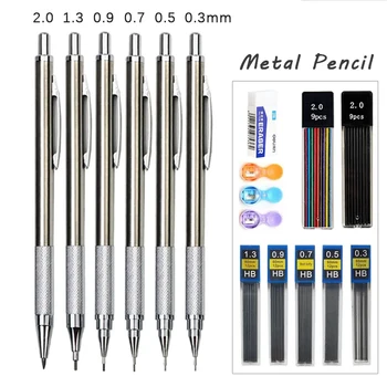 Метален механичен набор от моливи 0,3 0,5 0,7 0,9 1,3 2,0 мм, оловни зареждане с гориво, художествени автоматични моливи за рисуване, канцеларски материали, ученически пособия