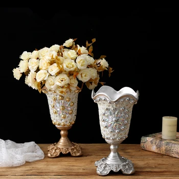 Европейската ваза с диаманти от смола + набор от изкуствени цветя, декорация за дома, хол, занаяти, тенис на фалшив саксия, ваза с цветя, декорации