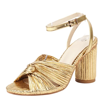 Кадифе сандали на висок ток с каишка на щиколотке, дамски сандали голям размер, елегантни летни обувки с отворени пръсти и джапанки, офис женски обувки, злато