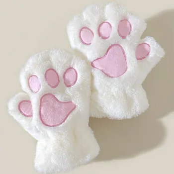 Мультяшные сладки ръкавици с кошачьими когтистыми лапи, дамски плюшени ръкавици, топли меки плюшени къси ръкавици без пръсти, пухкава мечка, ръкавици за котки, костюм на полпальца