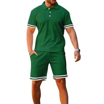 Спортен мъжки облекла от две части, ежедневни поло риза райе с къс ръкав и копчета на лацканах и къси панталони, мъжки комплект градинска дрехи