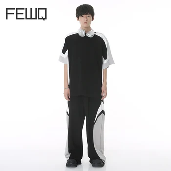 FEWQ Мъжки Спортни Костюми От две части, Есенни Модни Широки Панталони, Корейски Свободни Тениски в Контрастен цвят С къс ръкав, Комплект 9C746