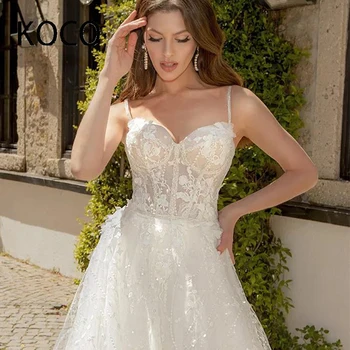 Сватбена рокля MACDOUGAL трапецовидна форма, с корсет на гърба, Vestidos De Новия, дантелени бретельки-спагети, апликации чаена дължина, сватбената рокля на поръчка