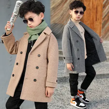 Вълна палто за момчета 2023, есенно-зимно яке, нова мода, отложной яка, однотонная двубортная детски връхни облекла, тренч с високо качество