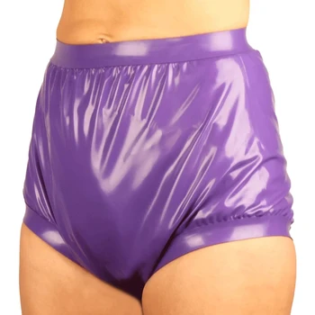 Лилаво секси латексови гащи-боксерки с висока талия, гащи-памперси от мека гума, дамско бельо