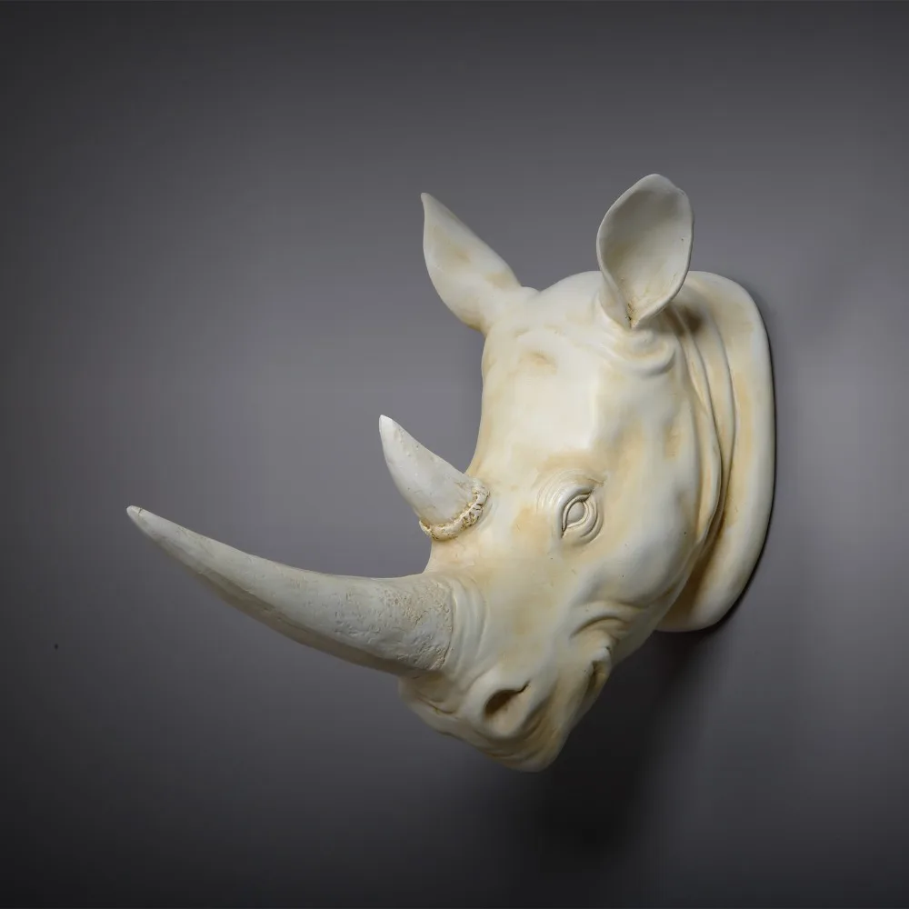 34 СМ Модерна смола, екзотична украшение във формата на глава на носорог, бели статуи на животни, занаяти, украса за дома, хотела, стенно художествено декорация, подарък