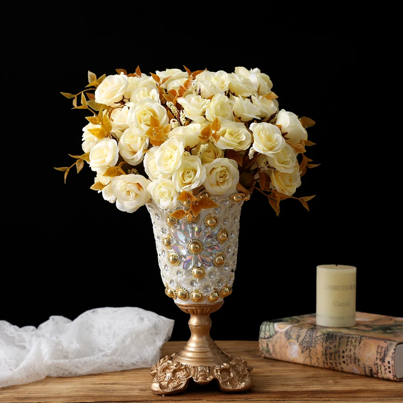 Европейската ваза с диаманти от смола + набор от изкуствени цветя, декорация за дома, хол, занаяти, тенис на фалшив саксия, ваза с цветя, декорации