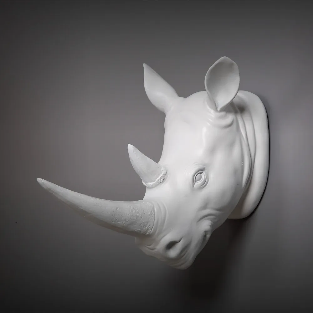 34 СМ Модерна смола, екзотична украшение във формата на глава на носорог, бели статуи на животни, занаяти, украса за дома, хотела, стенно художествено декорация, подарък
