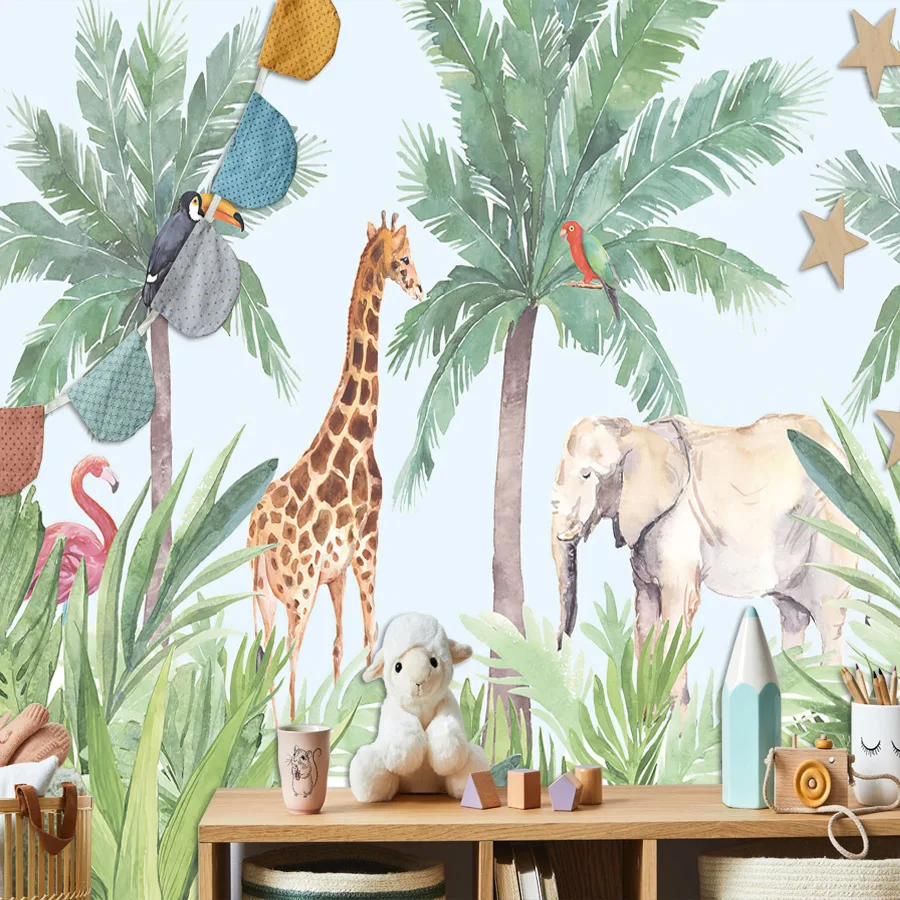 Сладки животни, жираф, джунгла, скандинавските тапети за стените в хола, на ролки, самозалепващи се, декорация за дома, зелен стикер